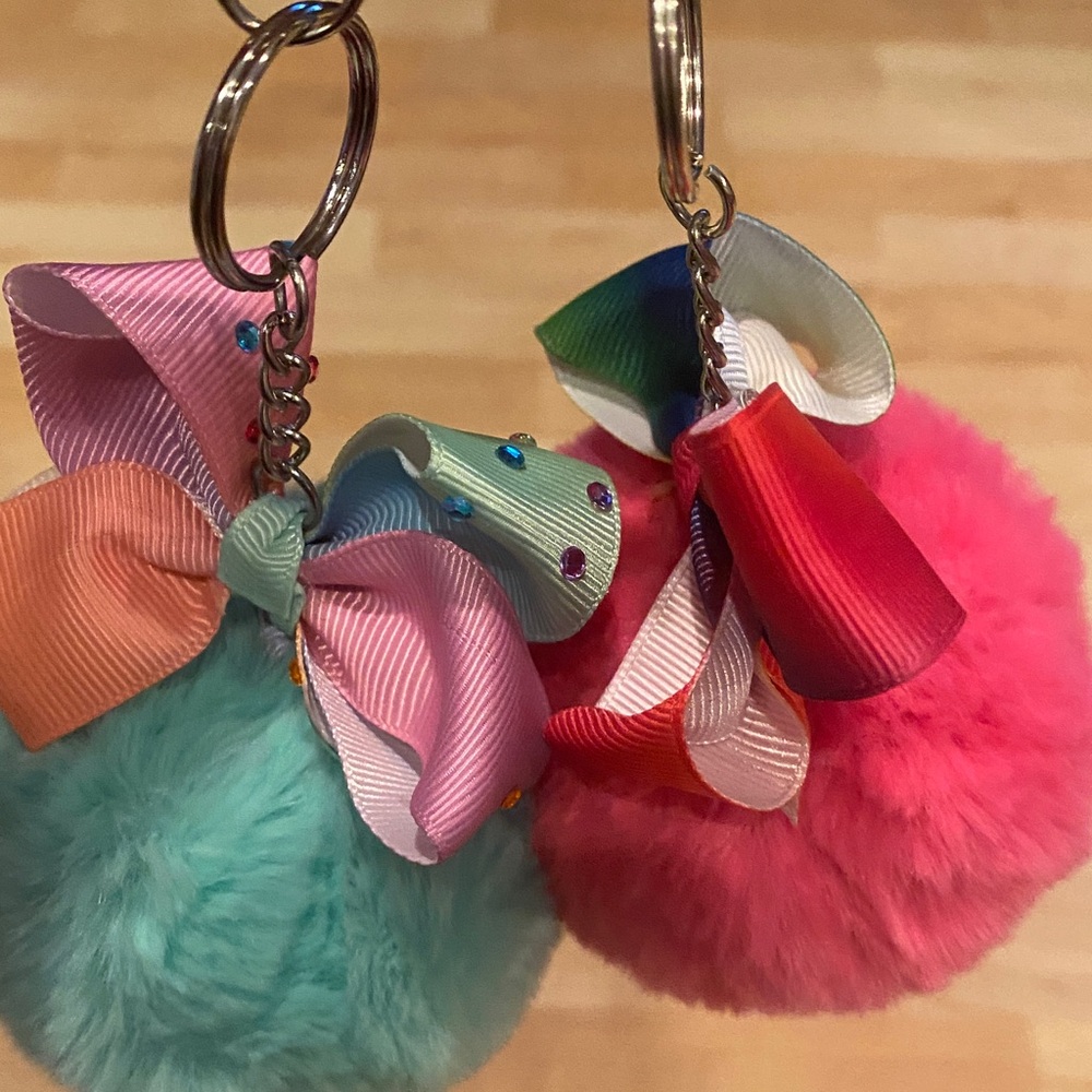 Bundle of 2 Colorful Pom Pom Backpack clips or Keychains